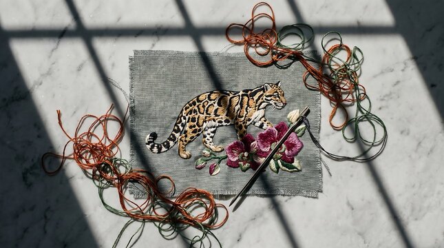 Hand-Embroidered Clouded Leopard and Flowers on Linen Fabric