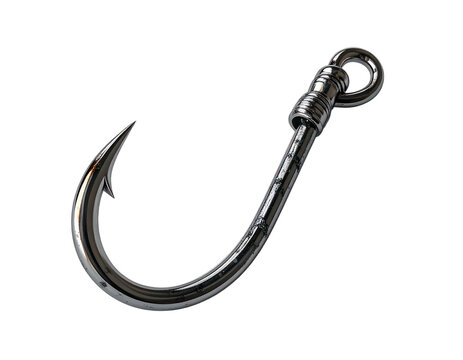 A detailed 3D render of a metallic fishing hook against a stark black background.