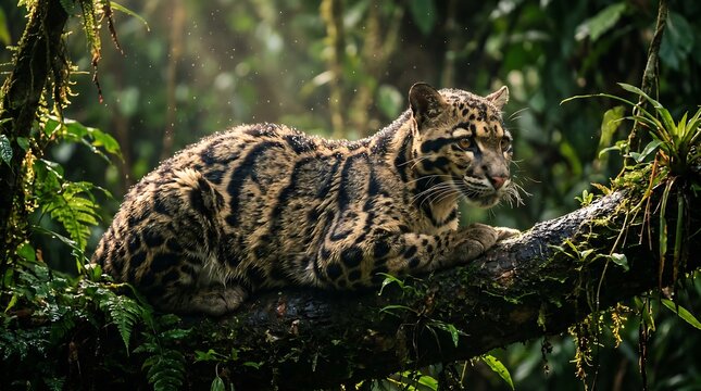 Clouded leopard resting on a tree branch in a tropical rainforest
