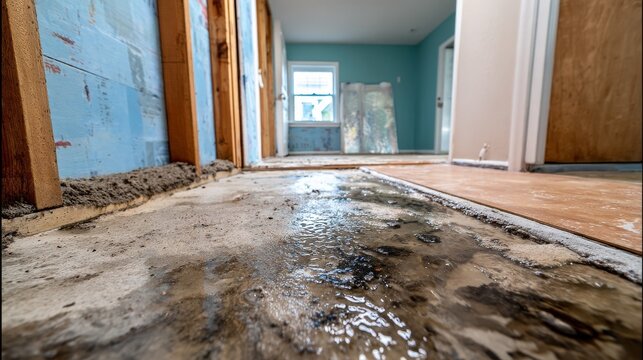 Water damage, renovation, puddles, moisture, flooring, concrete, restoration, inspection, repair, flooding in an indoor construction area with wet surfaces and structural rebuilding work