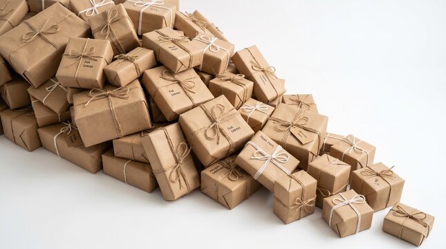 Large pile of brown paper delivery parcels tied with twine rope for shipping logistics supply chain distribution business concept representing many small boxes stacked together in a huge