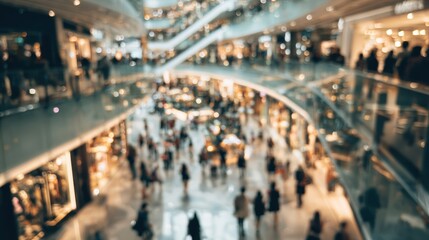 Fototapeta premium Abstract blurred photo of many people shopping inside department store or modern shopping mall. Urban lifestyle and black Friday shopping, motion, speed, blurred, group, city, modern