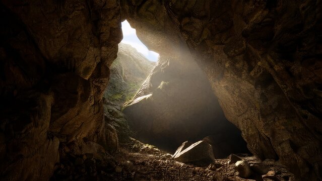 A natural cave entrance on a mountainside with sunlight piercing the dark interior.