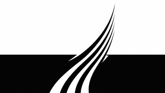 Strong upward-sweeping curved lines breaking through a calm horizontal plane in high contrast.