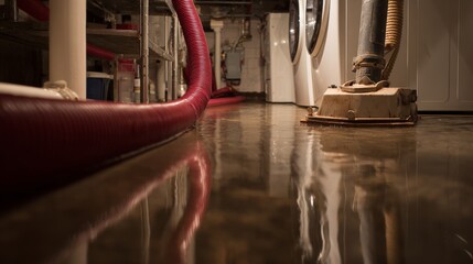 Naklejka premium Flooded basement cleanup with water damage, extraction, wet vacuum, drainage, restoration, drying, repair, recovery and moisture removal from reflective concrete floor after flooding