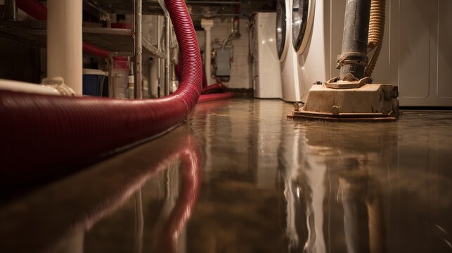 Flooded basement cleanup with water damage, extraction, wet vacuum, drainage, restoration, drying, repair, recovery and moisture removal from reflective concrete floor after flooding