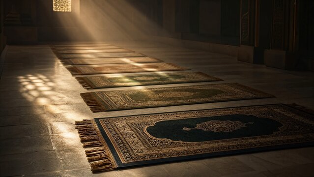 Prayer mats arranged in neat lines, illuminated by a single shaft of warm light.