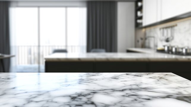 Spacious modern kitchen with a marble island and large windows overlooking a cityscape