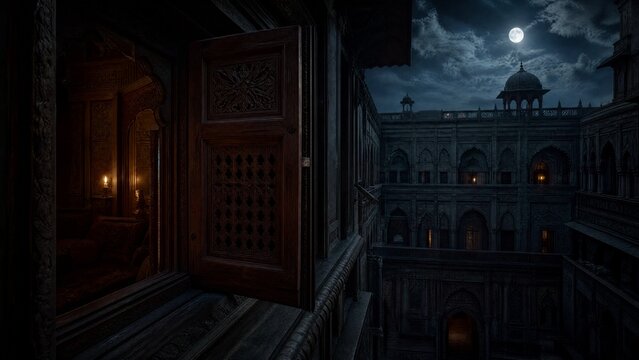 Half-open carved wooden window with candlelight inside and moonlight outside.