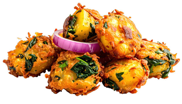 Crispy Indian spinach and potato pakoras fritters isolated on white background