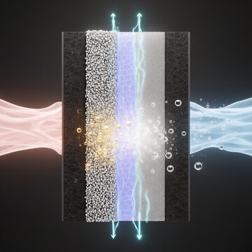 Microscopic Cross Section of Proton Exchange Membrane in Hydrogen Fuel Cell showing MEA Structure