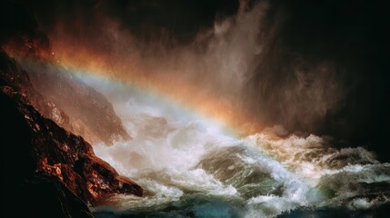 Fototapeta premium Mystical Waterfall Rainbow: A vibrant rainbow arcs over a powerful waterfall, its mist catching the light, creating a breathtaking natural spectacle under a dramatic, cloudy sky.