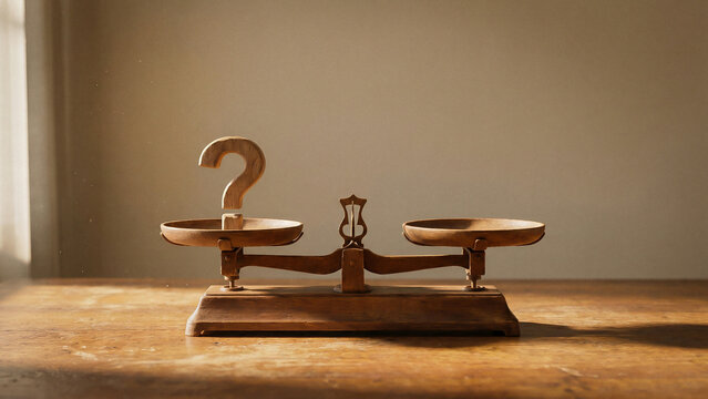 Cinematic Antique Balance Scale with Wooden Question Mark in Warm Sunlit Room Representing Decision and Trust Perfect for Business Strategy and Finance Branding