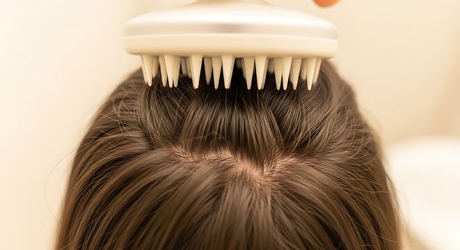 Closeup of a woman using a silicone scalp massager brush on her hair for hair care and relaxation