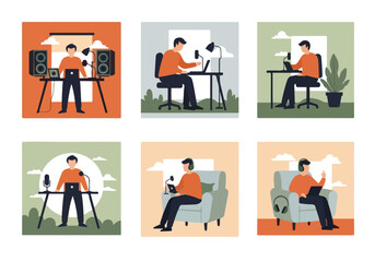 Fototapeta premium Podcasting Setup Collection. Diverse Home Studio Illustrations. Digital Content Creation.