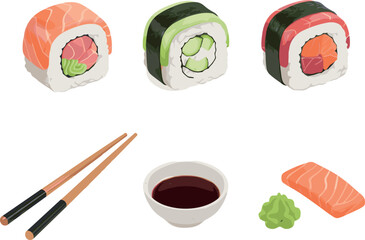 Japanese Sushi Roll Vector Illustration Set with Salmon Tuna Avocado Maki Wooden Chopsticks Soy Sauce and Wasabi for Restaurant Menu Designs © MstJasmin