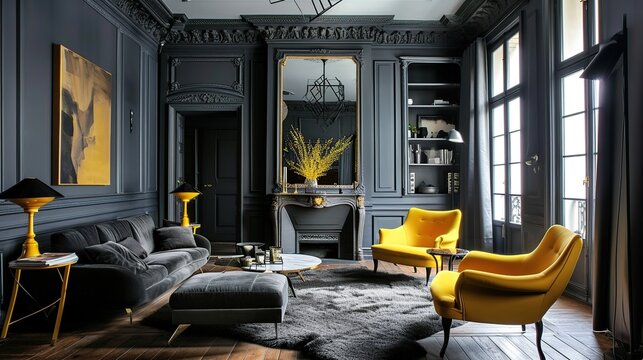 Luxurious Baroque-Inspired Living Room With Bright Yellow Chairs And Moody Dark Paneled Walls