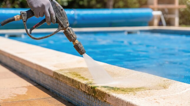 Pressure Washing Swimming Pool Coping Cleaning Dirty Stone Edge Maintenance Service