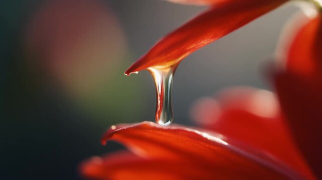 Close-up of a single dew drop falling from a vibrant red flower petal, capturing the ephemeral beauty of nature