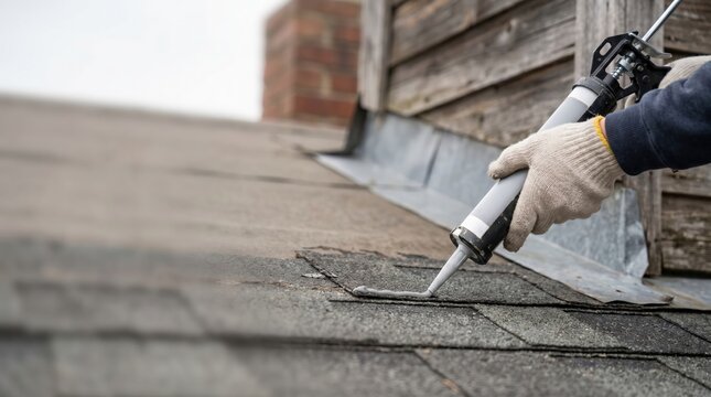 Professional Roofer Applying Sealant to Asphalt Shingles for Leak Repair and Maintenance