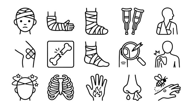 Medical injuries and health problems outline icon set