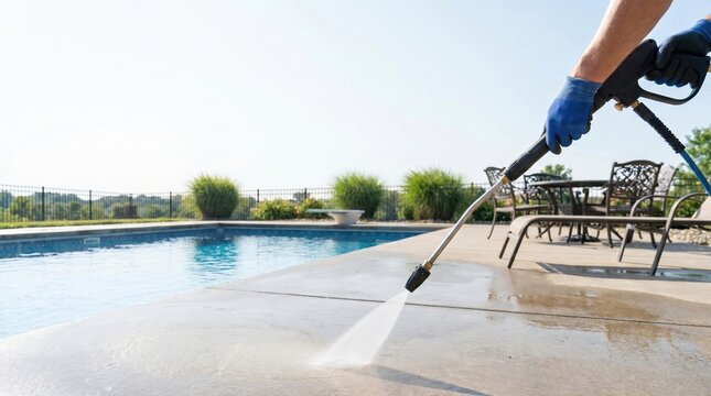 Person pressure washing concrete pool deck for seasonal maintenance and deep cleaning of outdoor patio surfaces