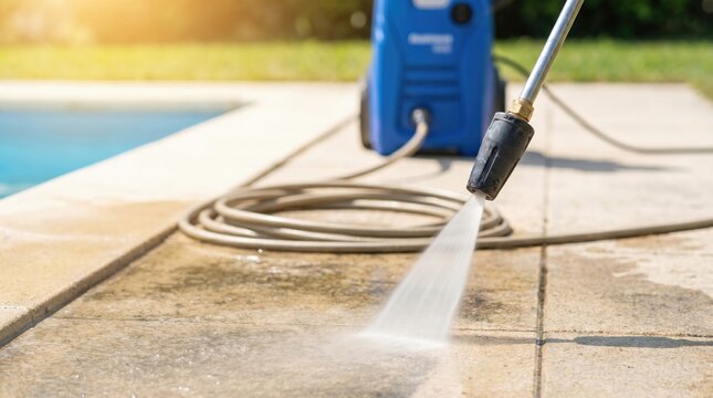 Pressure washing dirty pool deck tiles with high pressure water jet for home maintenance and outdoor surface cleaning