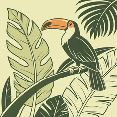 Vintage retro vector of a toucan sitting on tropical leaves, muted retro palette. © Art new