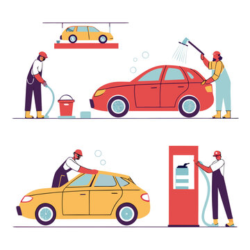 Carwash service set. People wash their cars with water and foam from hose. Drivers clean, wipe, polish automobiles. Auto cleaning station. Flat isolated vector illustrations on white background