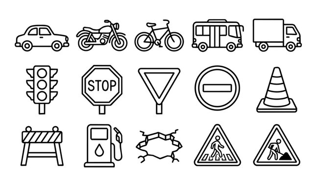 Outline icons of road traffic, transportation, and safety
