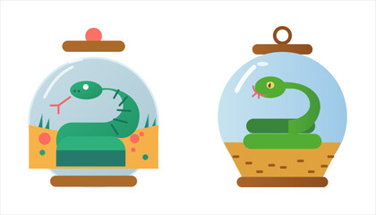 Cute cartoon green snakes in glass terrariums, isolated on white background, dome flat design illustration set © Moriyam