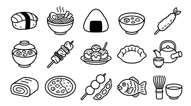 Set of traditional Japanese food and drink outline icons