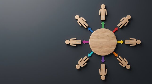 Wooden people figures pointing colorful arrows toward a central blank wooden circle. Concept of human resources management, team delegation hub, and corporate networking communication.