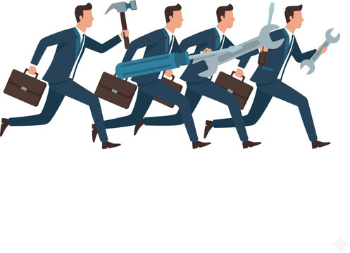 Businessmen Team Running with Repair Tools for Tech Support Corporate Trouble Shooting Maintenance Strategy and Financial Solution Concepts