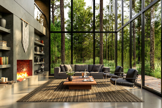 Modern loft style living room with large windows overlooking a green forest view 3d render