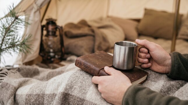 Cozy camping lifestyle with a man reading a leather book and drinking coffee inside a warm tent during winter
