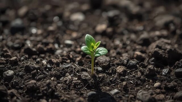 Seedling sprout germination young plant green leaf emerging from dark soil with hopeful morning