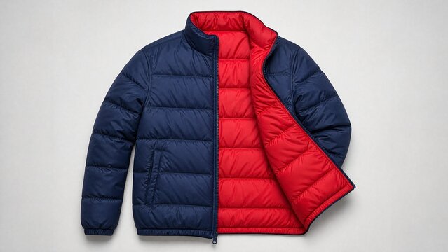 A reversible jacket lying on a plain surface, one side blue and the other red.