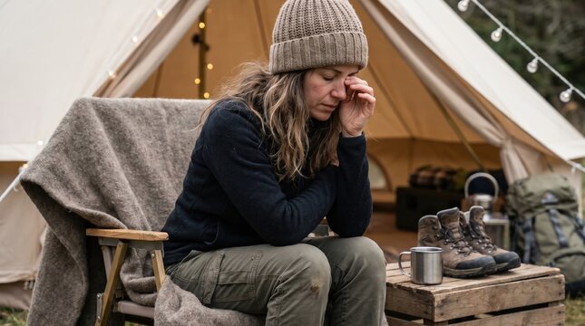 Tired woman camping outdoors rubbing eyes feeling exhausted after hiking trip in nature