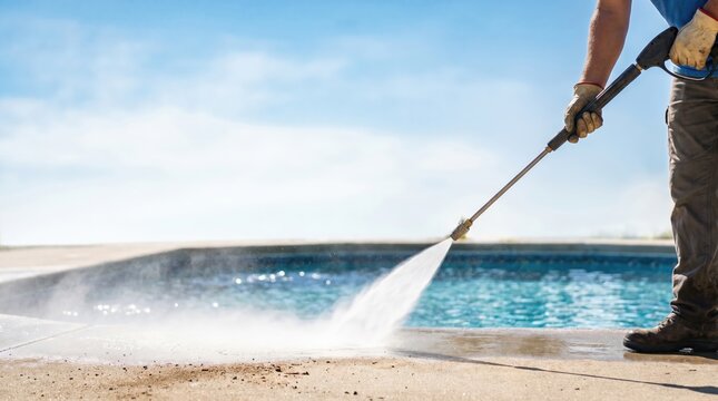 Professional Pressure Washing Concrete Pool Deck by Male Worker for Home Maintenance and Exterior Cleaning Services