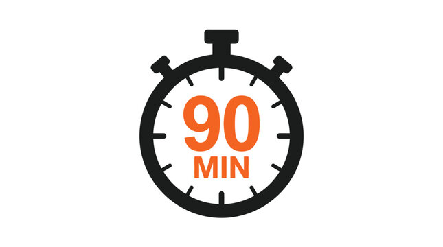 A flat vector illustration depicting a black and orange stopwatch representing ninety minutes of time