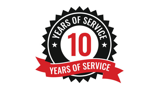 A bold vector graphic illustration featuring a ten years of service emblem with red ribbon