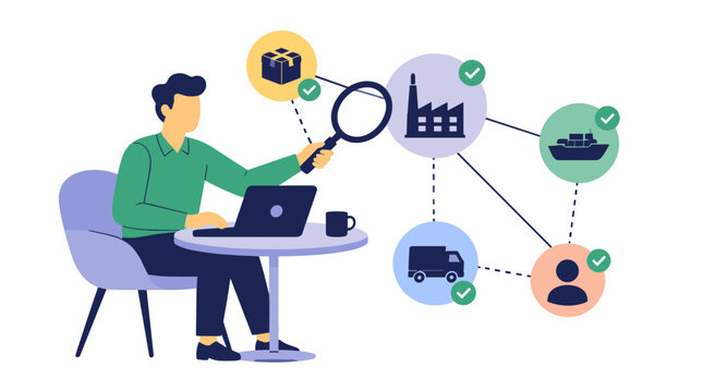 Person Working on Laptop with Connected Network Icons.