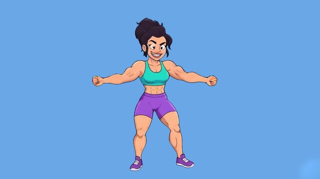 A 2D flat animation of a muscular female fitness athlete or bodybuilder proudly flexing her biceps in a sports bra and shorts. Set on a solid blue background, this looping character is great for gym p