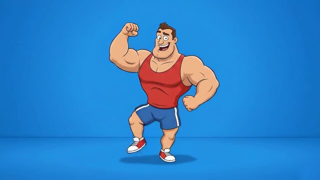 A 2D vector animation of a heavy-set muscular bodybuilder character in a red tank top flexing his bicep while dancing. The smiling strongman moves happily against a solid blue backdrop.