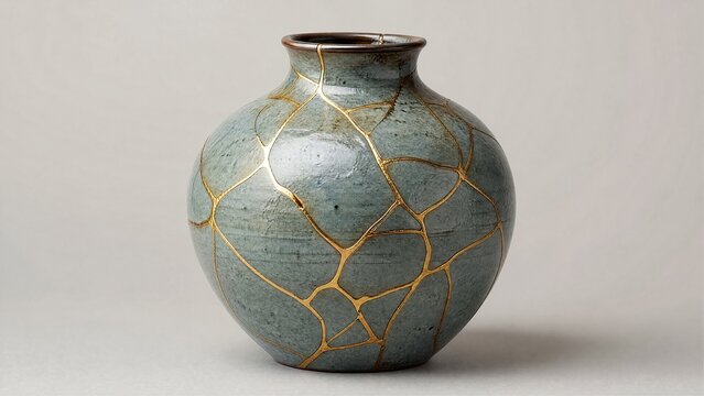 Shattered ceramic vase repaired with golden lacquer, kintsugi art on simple background.