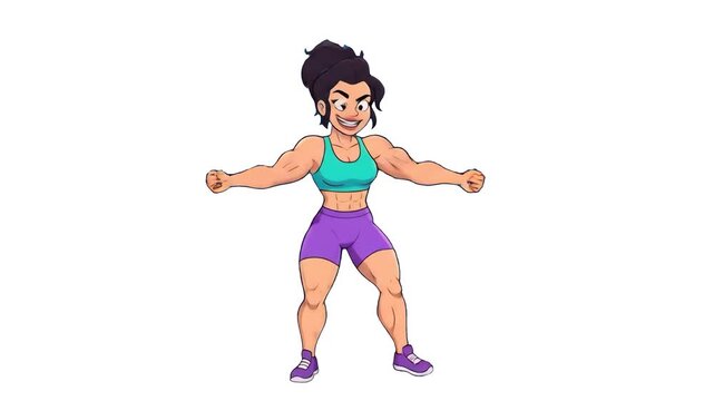 A 2D flat animation of a strong female bodybuilder or fitness athlete smiling and flexing her arms. Set against a plain white backdrop, this motivational character loop is perfect for gym apps, workou