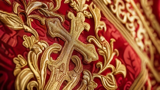Extreme close-up of intricate gold thread embroidery on rich red fabric.