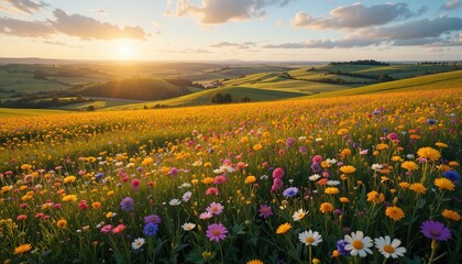 Obraz premium Sunrise Over Wildflower Meadow in Rolling Countryside with Golden Light