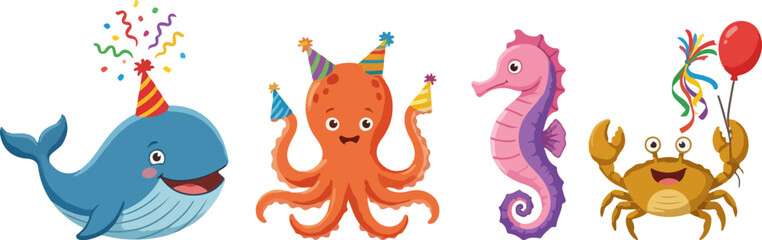 Cute sea animal party vector set, cartoon whale octopus seahorse and crab with birthday hats, festive ocean creature illustrations for kids © Jefri